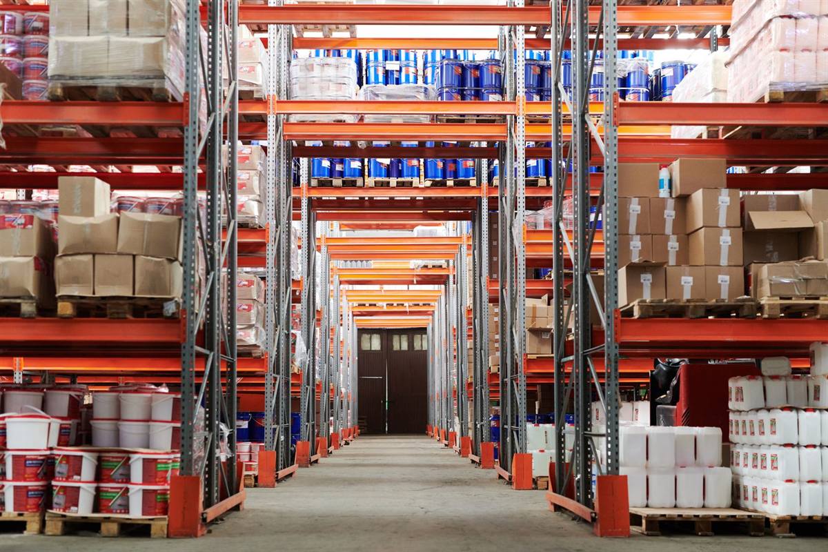 Warehouse with stocked shelving
